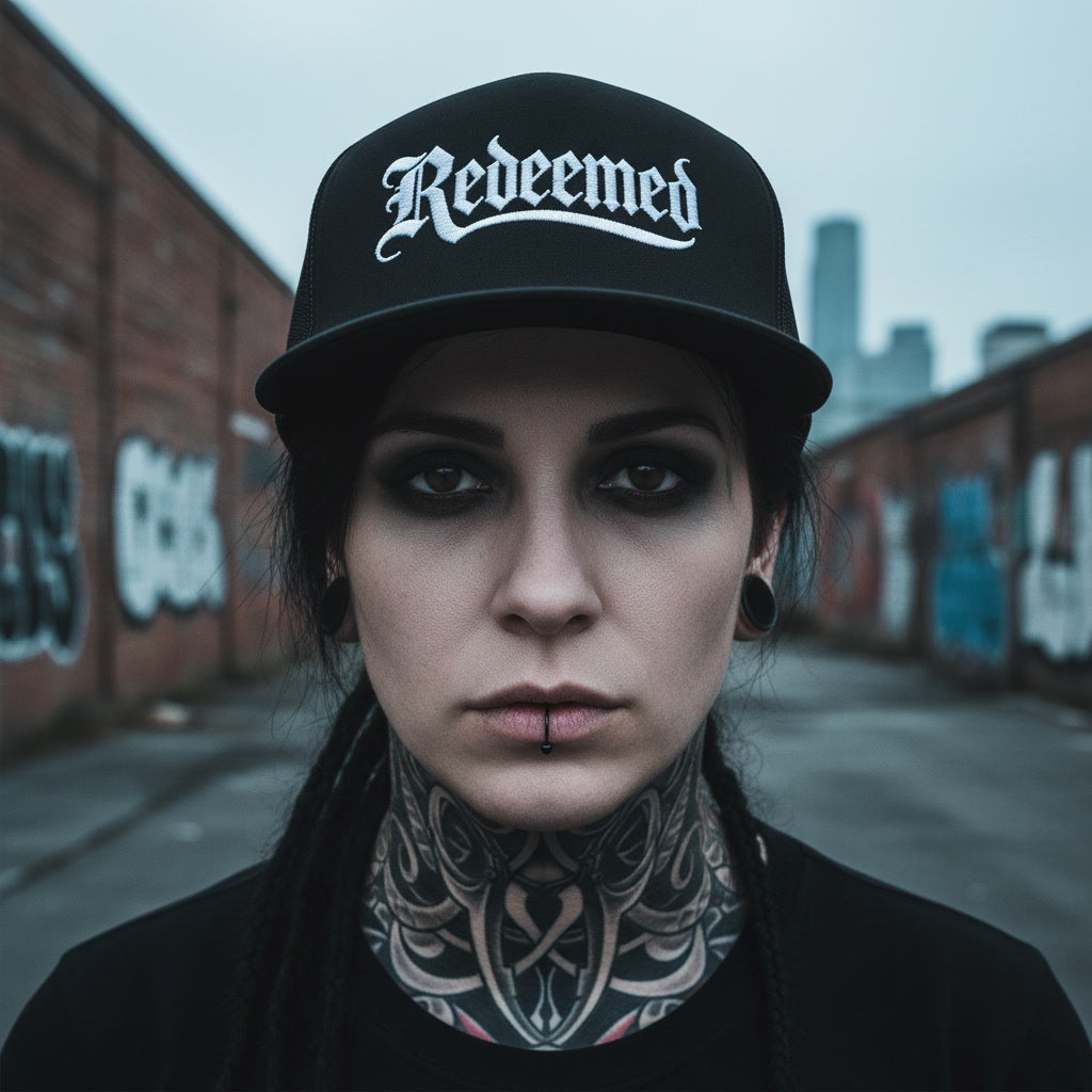 Black Redeemed trucker cap from Pure Grit Faith, alt Christian streetwear