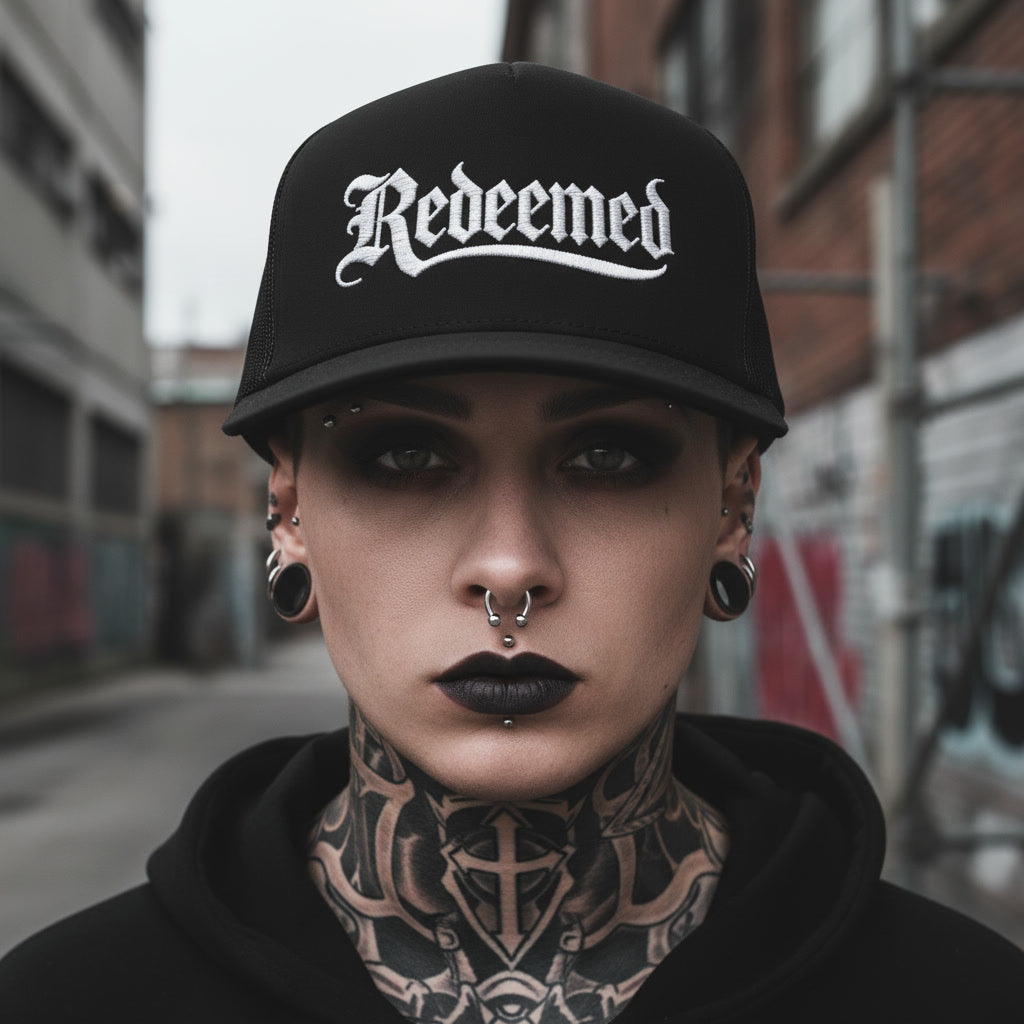 Redeemed cap in black, Christian metal style streetwear