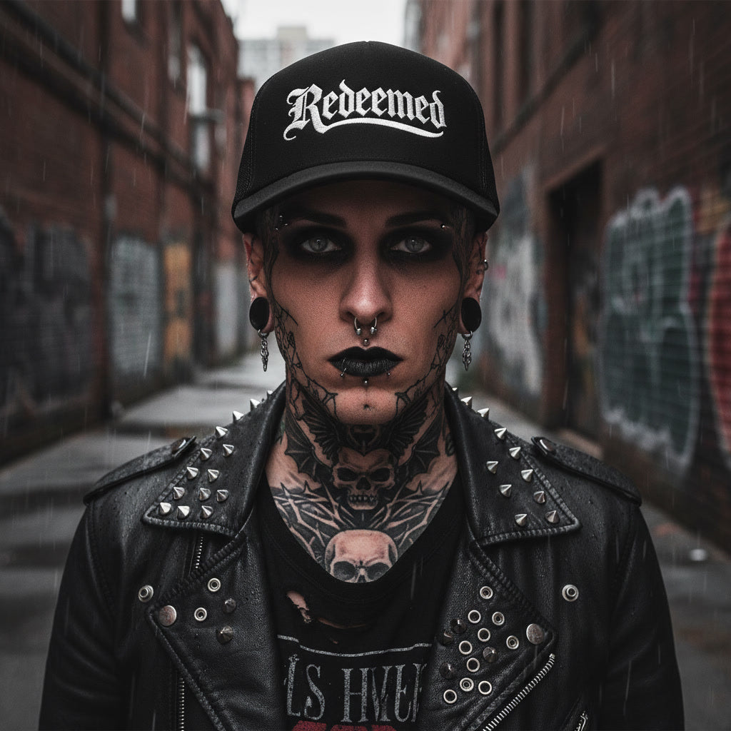 Redeemed trucker hat in black with white lettering
