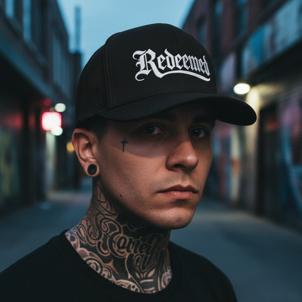Black mesh-back trucker cap reading Redeemed