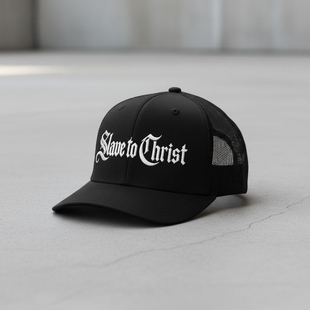 Black Slave to Christ trucker cap from Pure Grit Faith, alt Christian streetwear