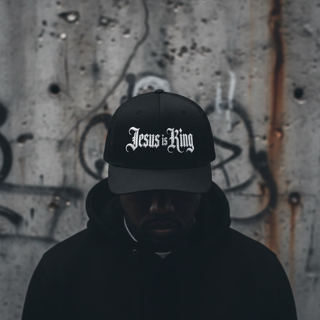 Black Jesus is King trucker cap from Pure Grit Faith, alt Christian streetwear