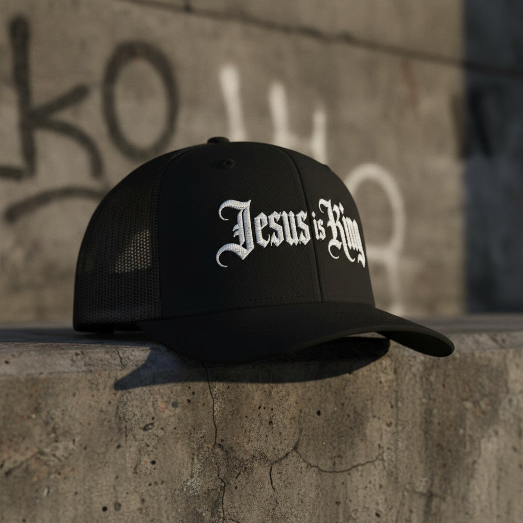 Jesus is King trucker hat in black with white lettering