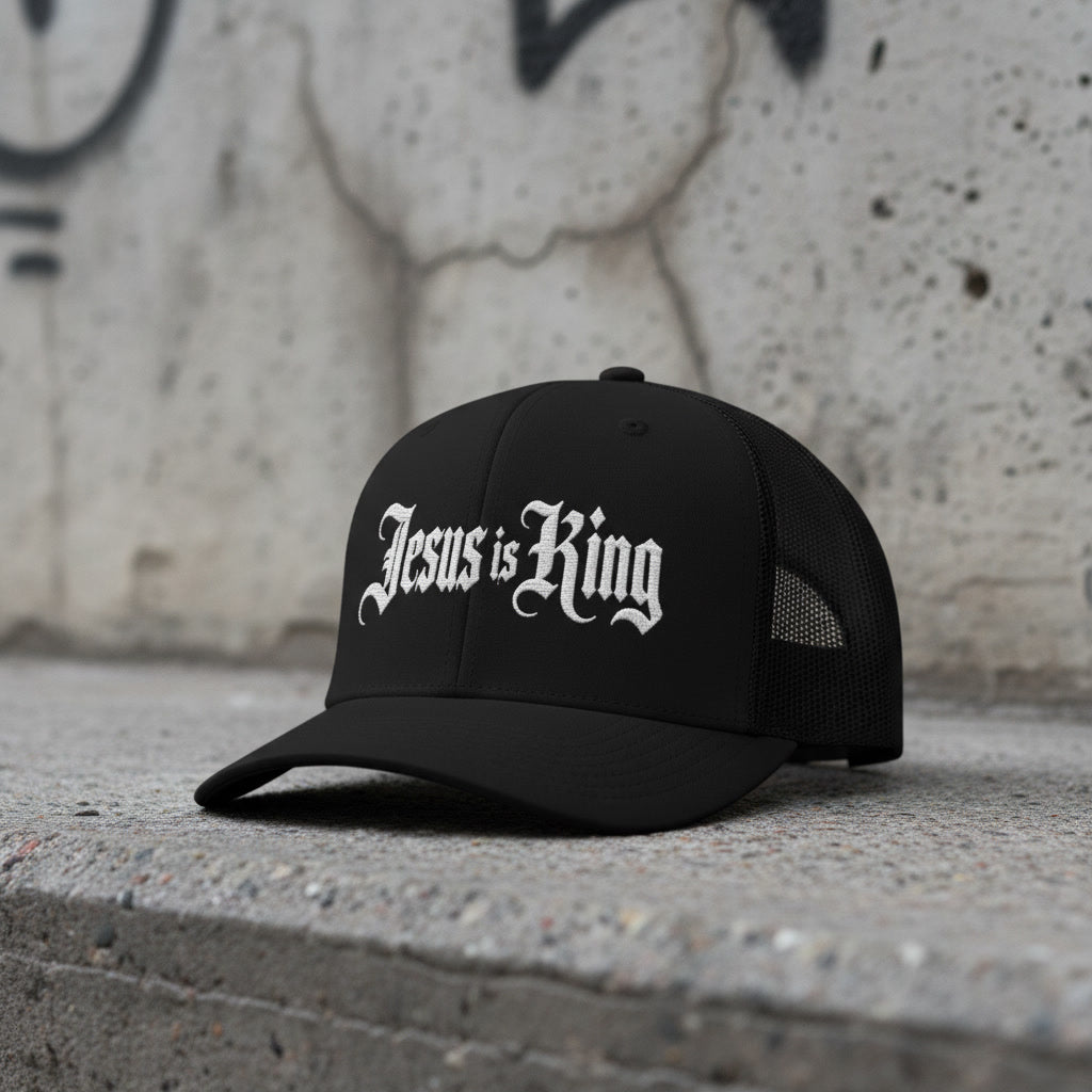 Jesus is King black trucker hat, white blackletter embroidery on the front
