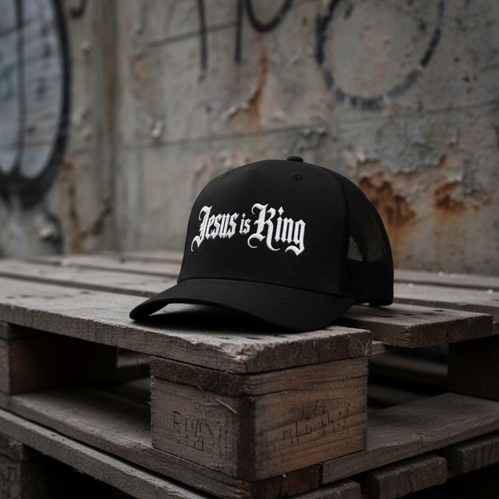 Jesus is King cap in black, Christian metal style streetwear