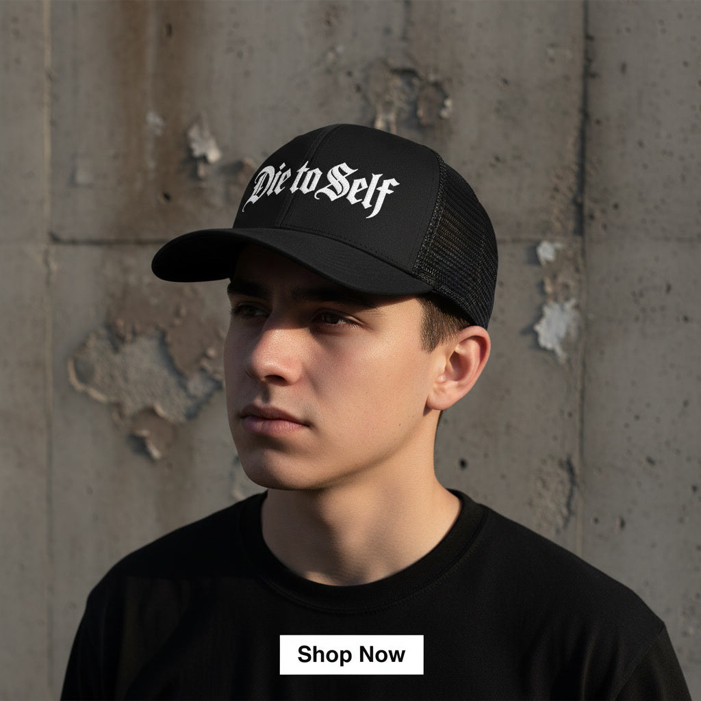 Black Die to Self trucker cap from Pure Grit Faith, alt Christian streetwear