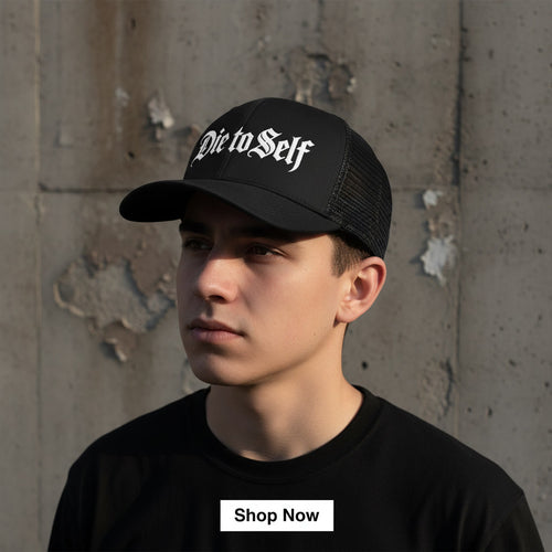 Black Die to Self trucker cap from Pure Grit Faith, alt Christian streetwear