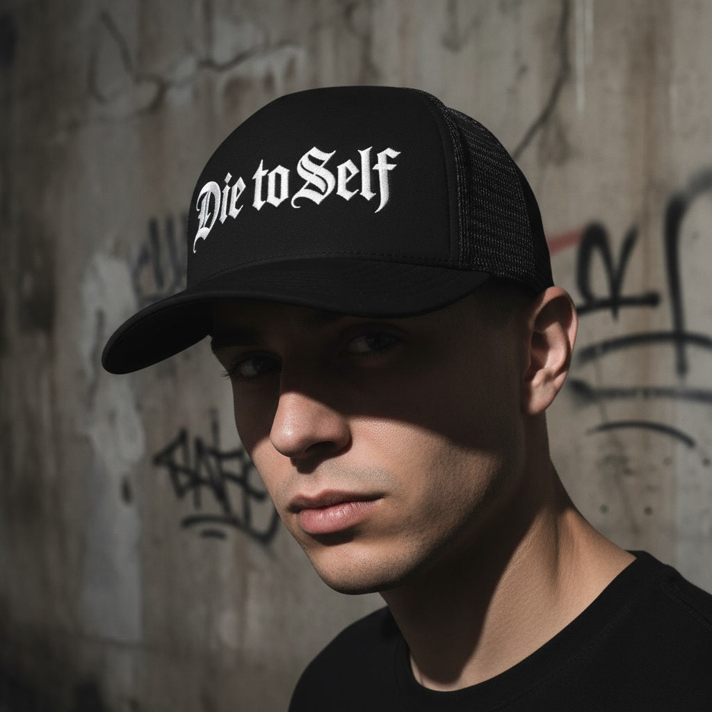 Die to Self trucker hat in black with white lettering