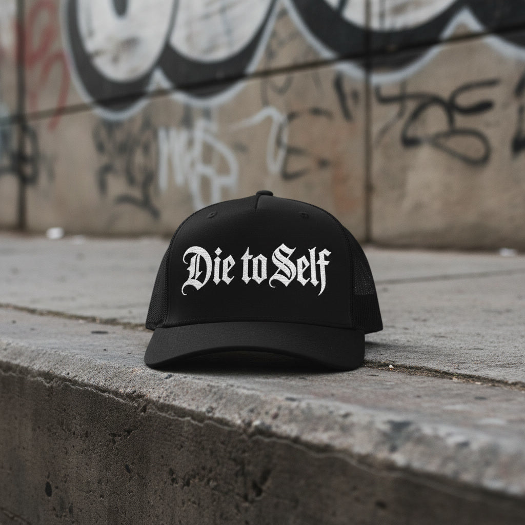 Die to Self black trucker hat, white blackletter embroidery on the front