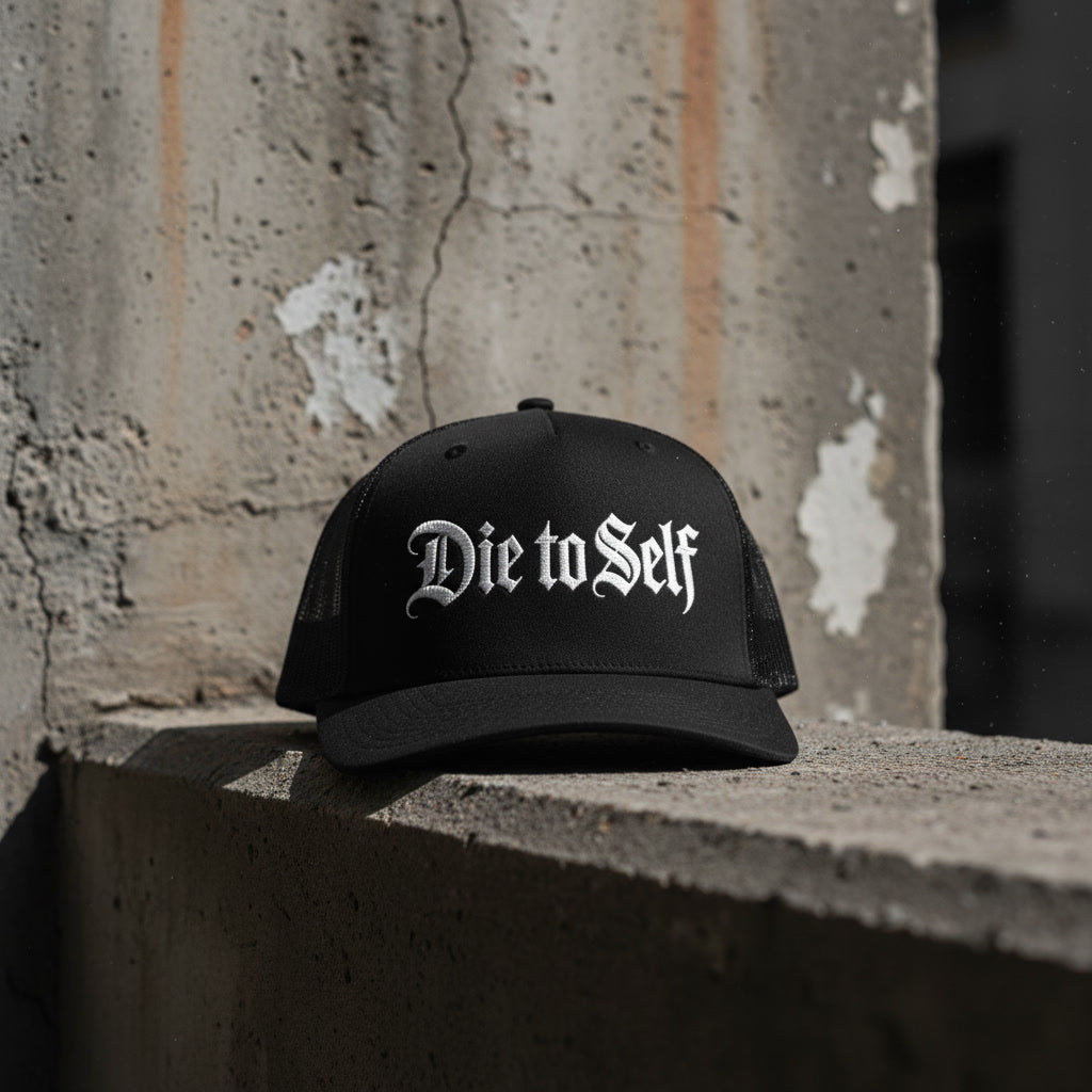 Die to Self cap in black, Christian metal style streetwear