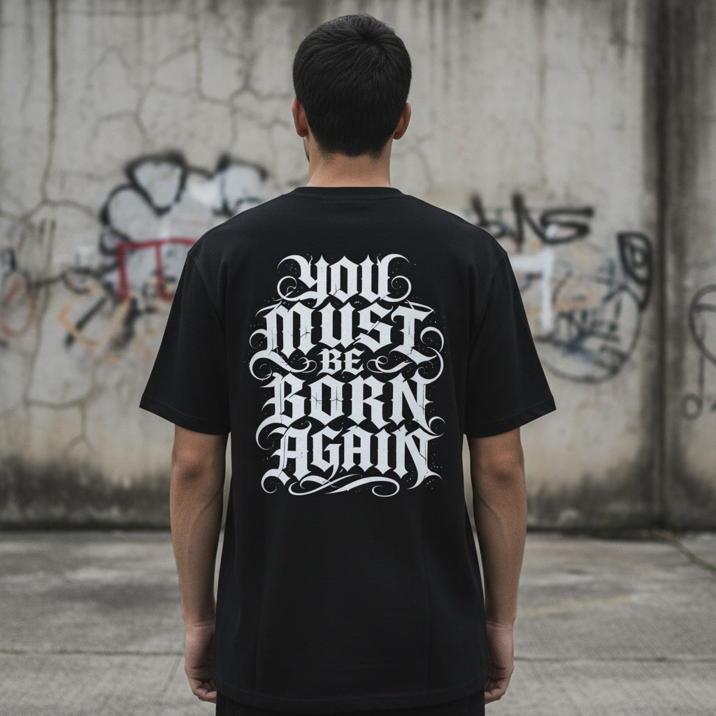 You Must Be Born Again t-shirt in black with a white back print, alt Christian apparel