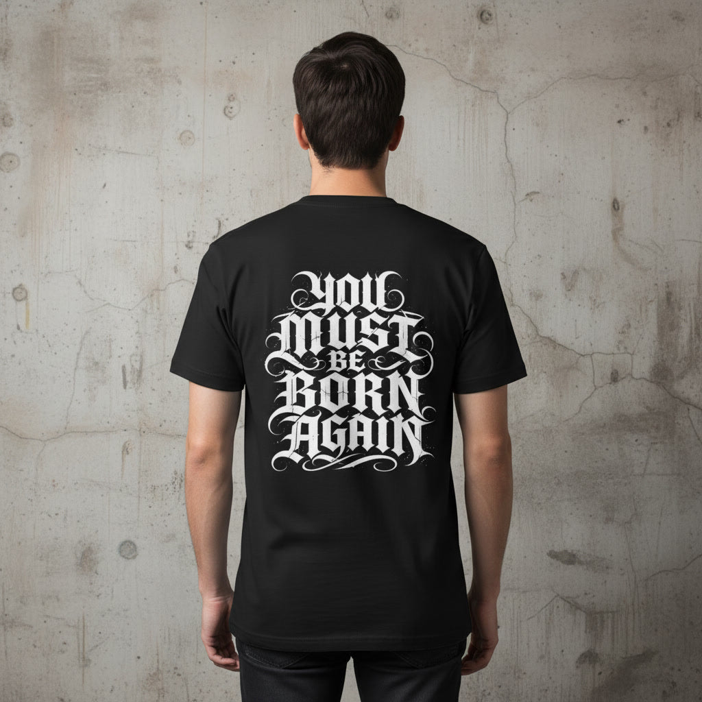 You Must Be Born Again black t-shirt from Pure Grit Faith, Christian metal style