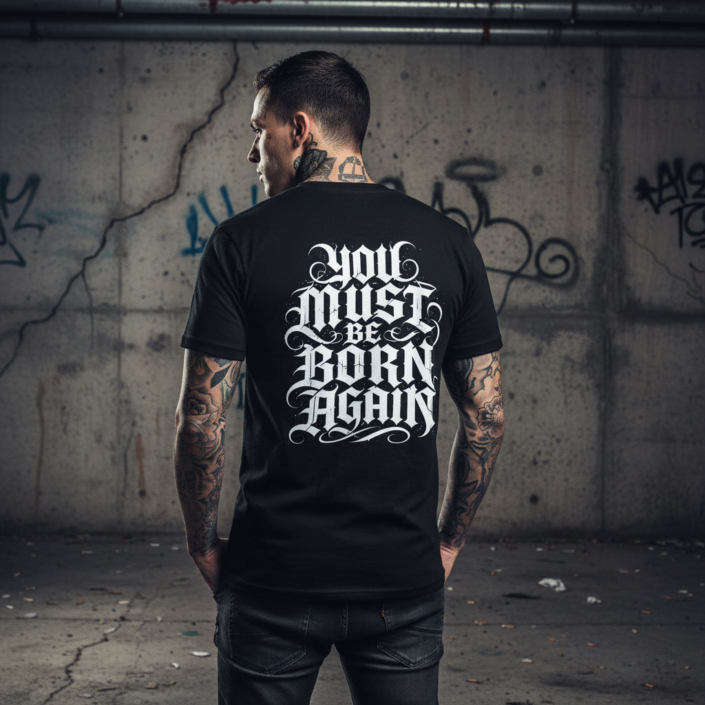 Black t-shirt showing the You Must Be Born Again print in white blackletter