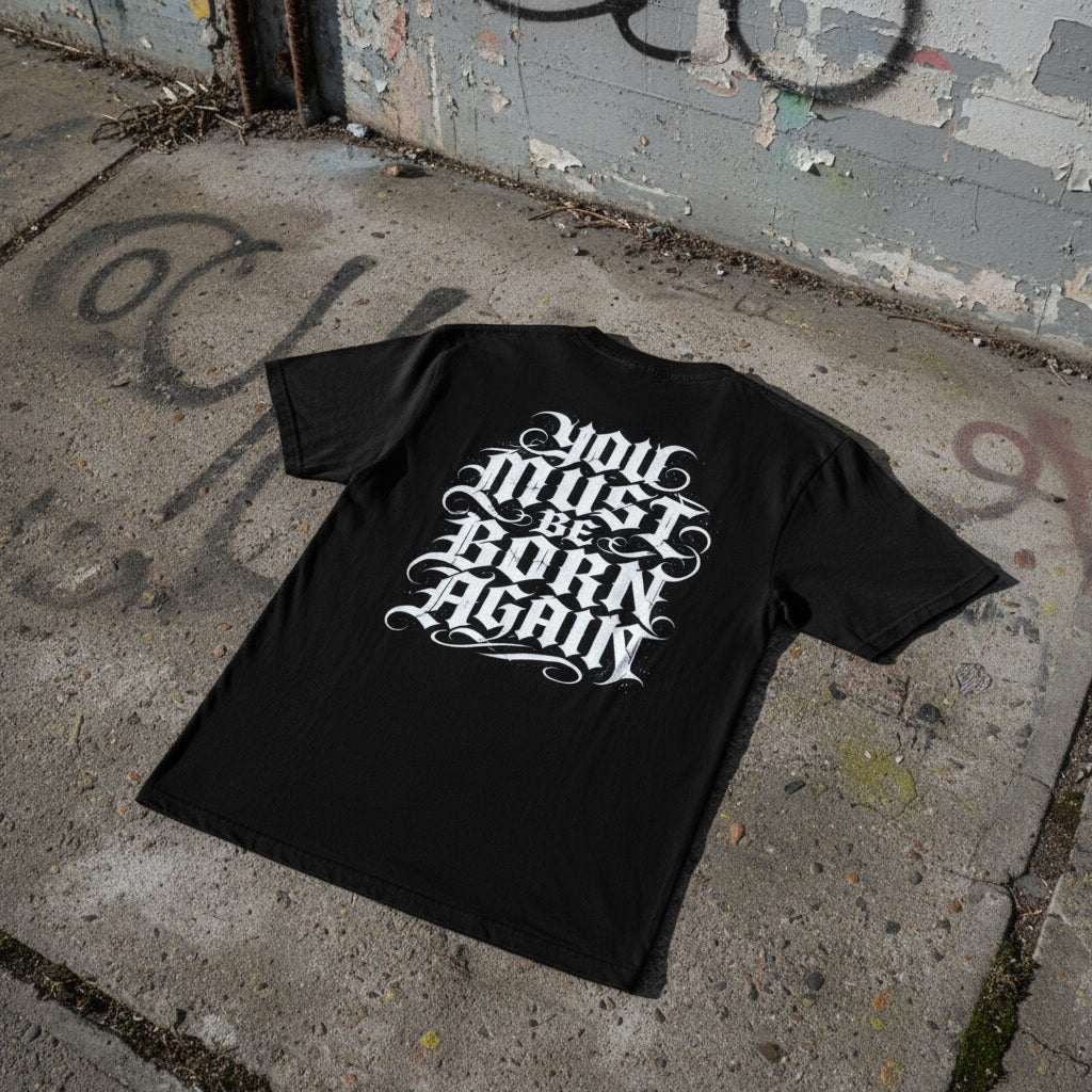 You Must Be Born Again t-shirt, alt Christian streetwear in black