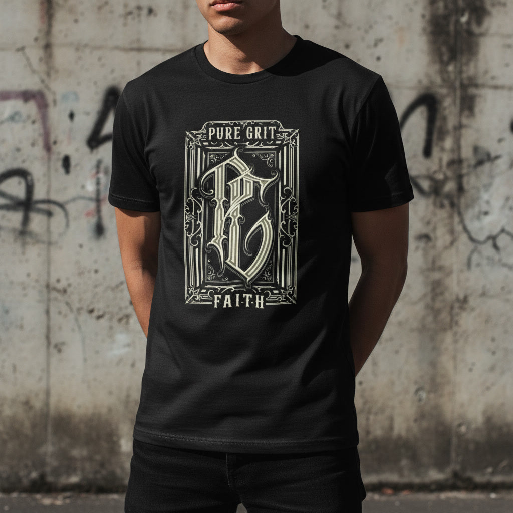 Pure Grit Faith crest t-shirt in black, engraved-style monogram on the chest