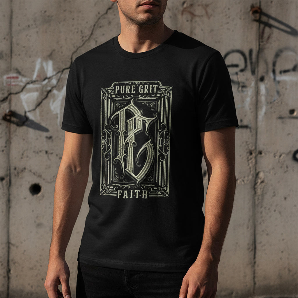 Black t-shirt with the Pure Grit Faith monogram crest printed on the front
