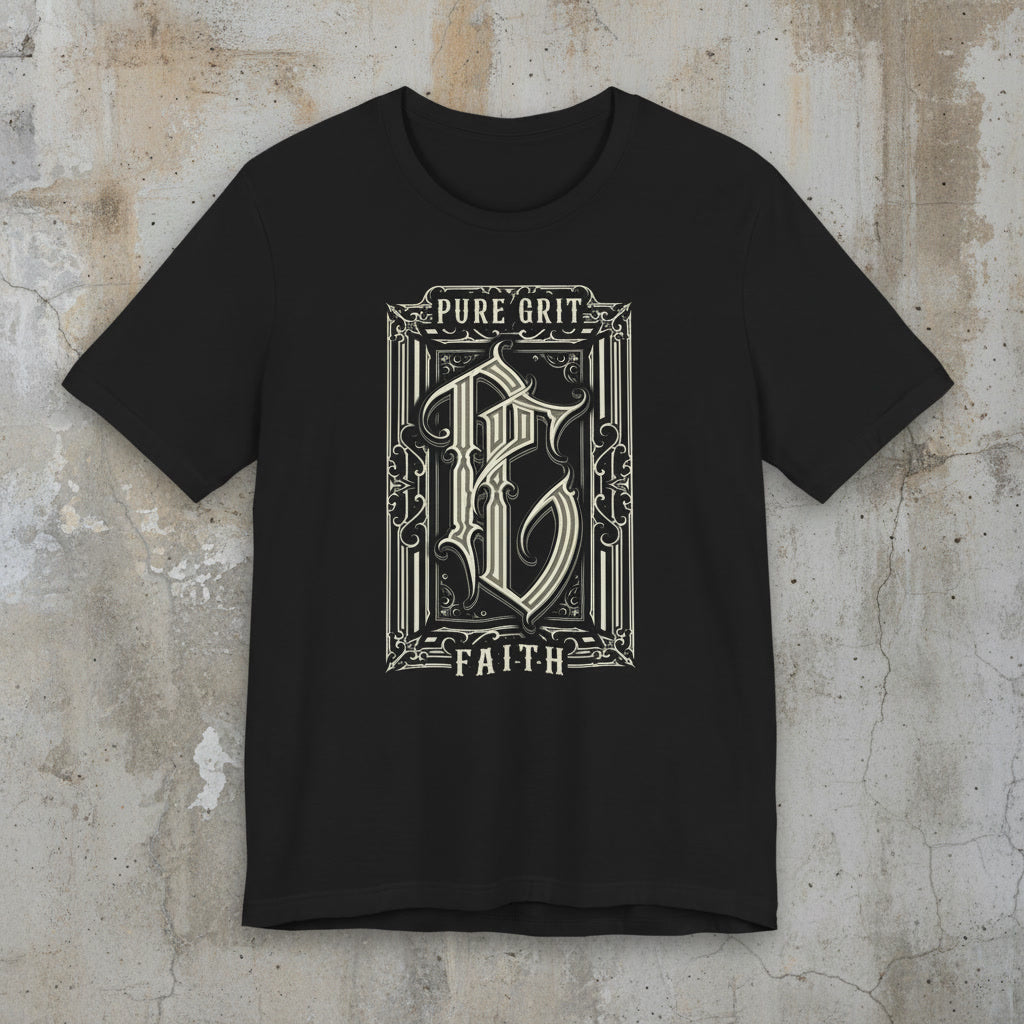 Pure Grit Faith crest tee, alt Christian apparel in black