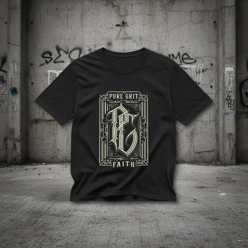 Black tee showing the Pure Grit Faith crest design on the chest