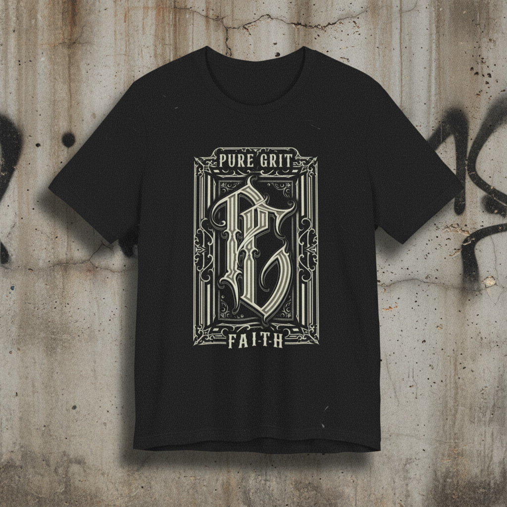 Pure Grit Faith crest t-shirt in black, engraved-style monogram on the chest