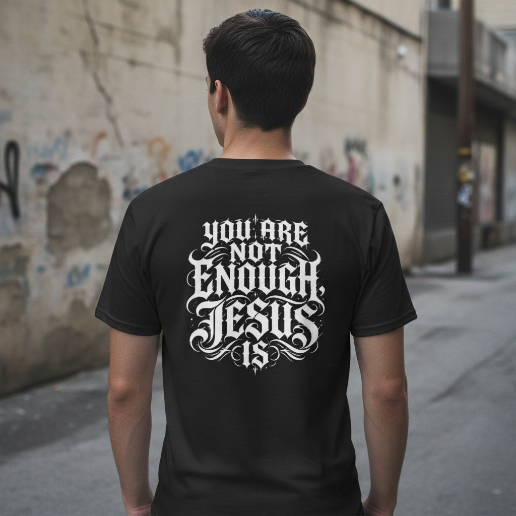 Black t-shirt with the You Are Not Enough, Jesus Is design in white across the back
