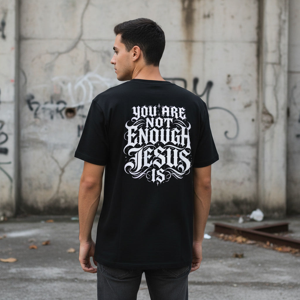 Black t-shirt showing the You Are Not Enough, Jesus Is print in white blackletter