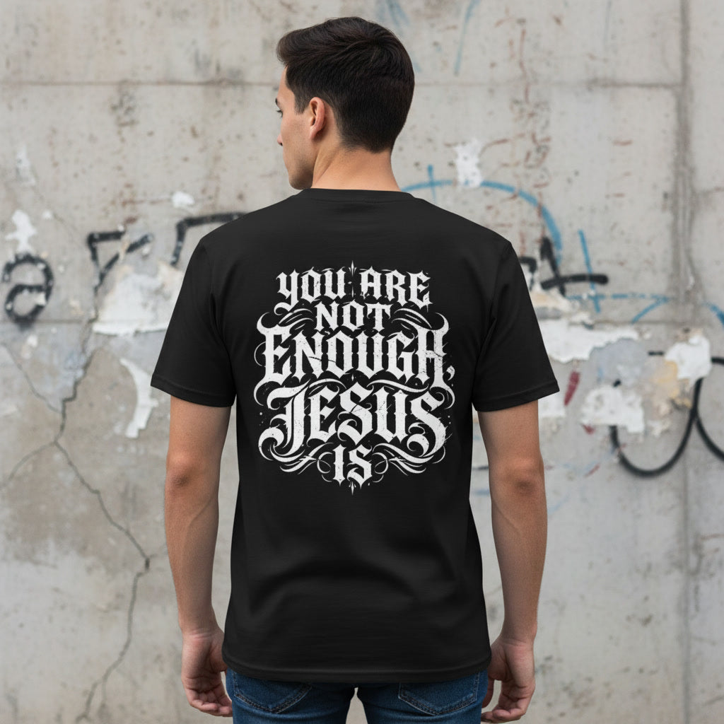 You Are Not Enough, Jesus Is black t-shirt from Pure Grit Faith, Christian metal style