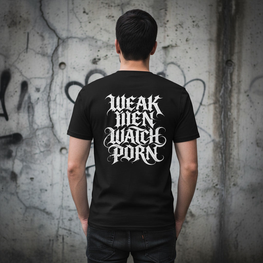 Weak Men Watch Porn black t-shirt from Pure Grit Faith, Christian metal style