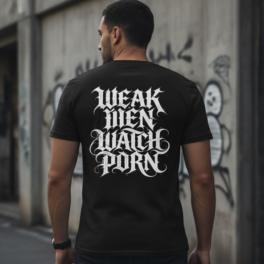 Black t-shirt showing the Weak Men Watch Porn print in white blackletter