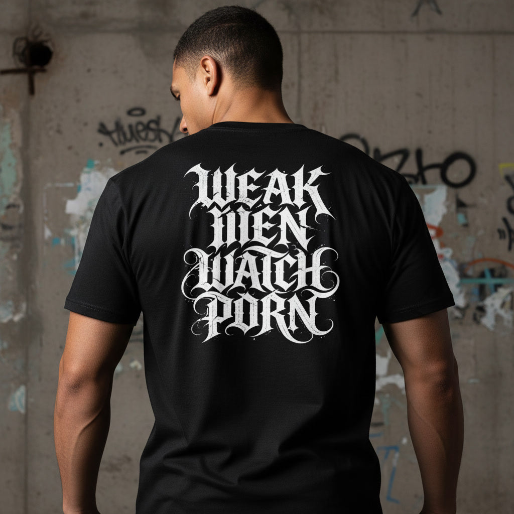 The Weak Men Watch Porn design in white on a black t-shirt