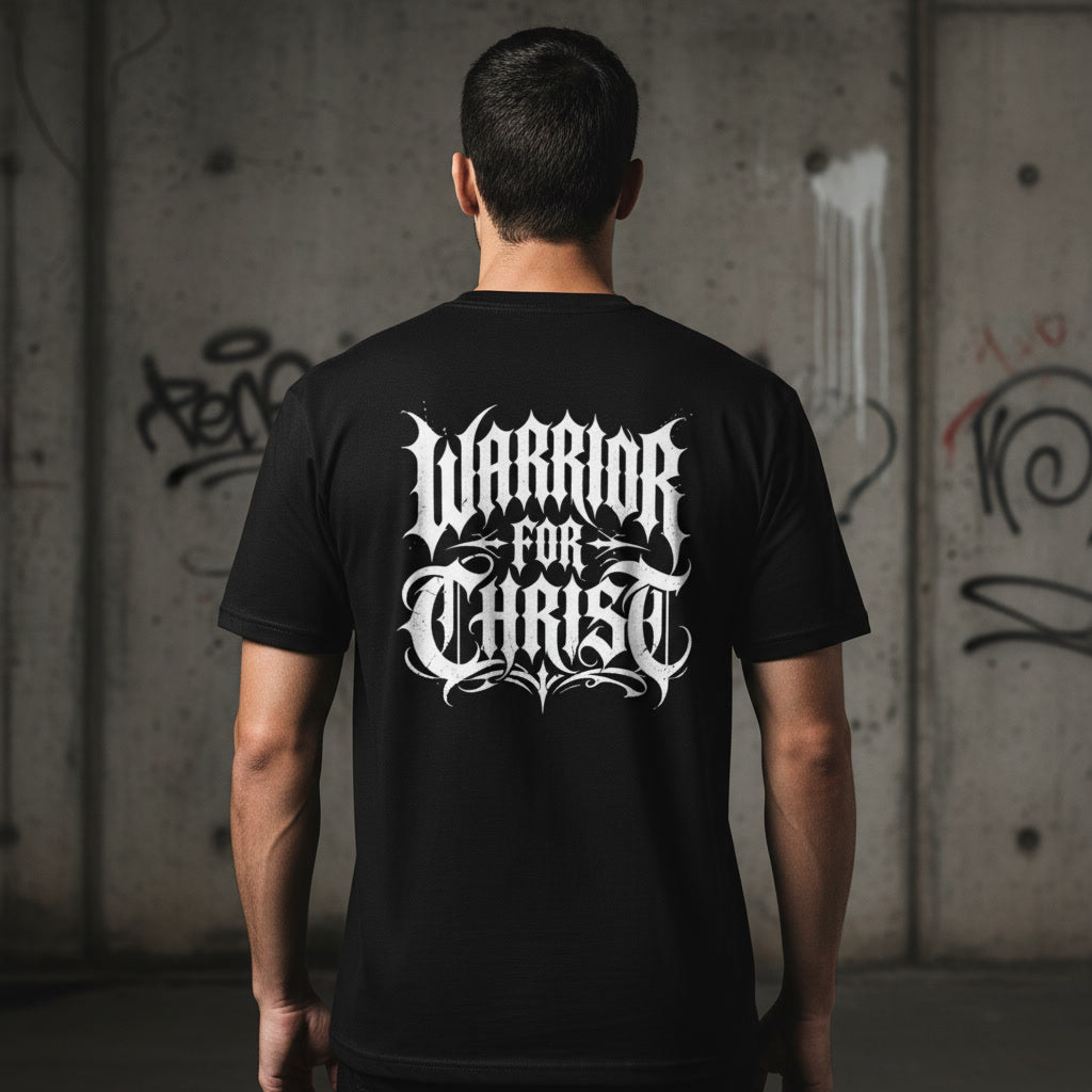 Black t-shirt with the Warrior For Christ design in white across the back