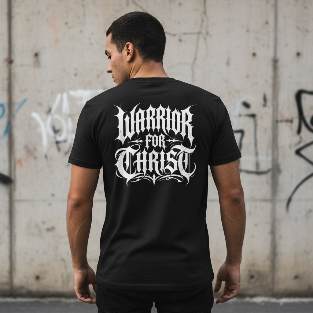 Warrior For Christ black t-shirt from Pure Grit Faith, Christian metal style