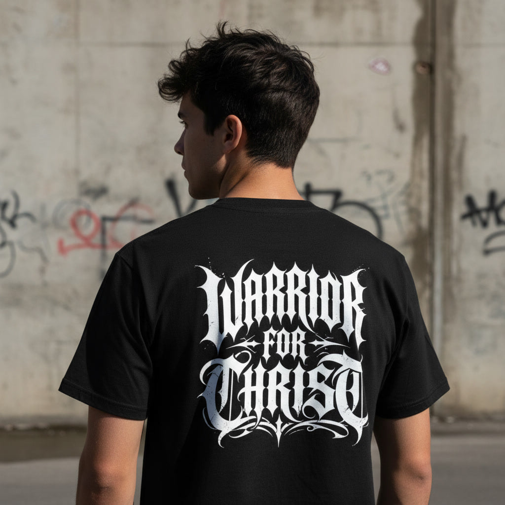 Black t-shirt showing the Warrior For Christ print in white blackletter