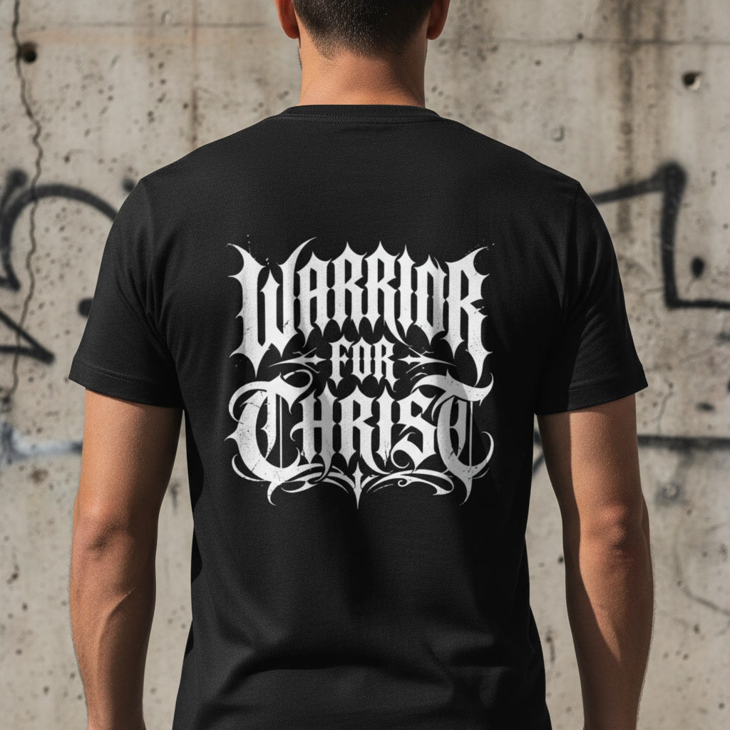 Warrior For Christ t-shirt in black with a white back print, alt Christian apparel