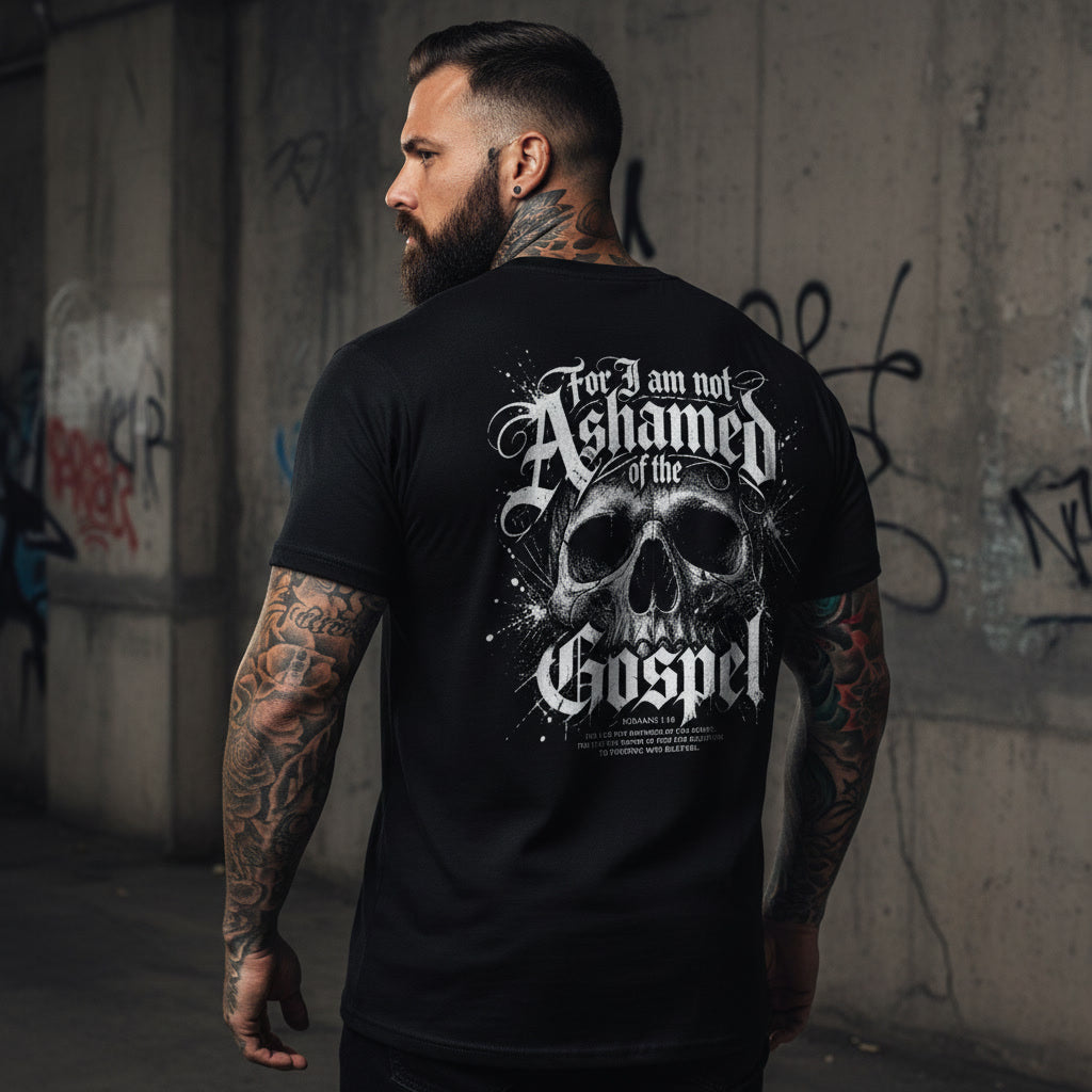 Black t-shirt with the Not Ashamed of the Gospel design in white across the back