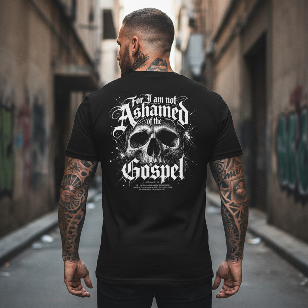 Not Ashamed of the Gospel black t-shirt from Pure Grit Faith, Christian metal style