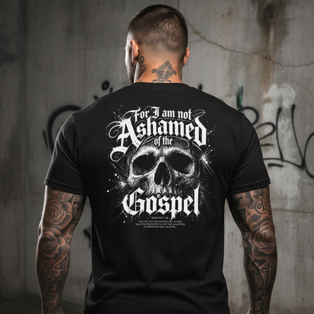Black t-shirt showing the Not Ashamed of the Gospel print in white blackletter