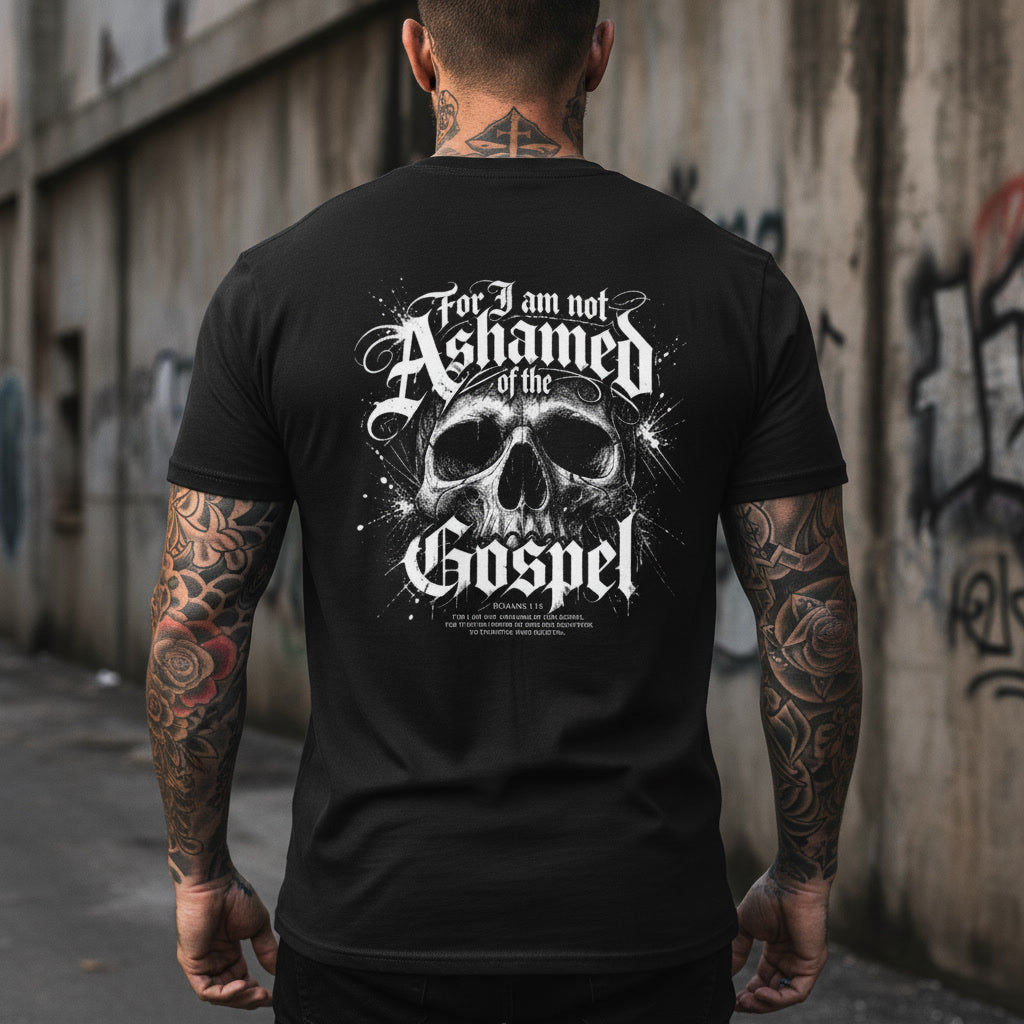 Not Ashamed of the Gospel t-shirt in black with a white back print, alt Christian apparel