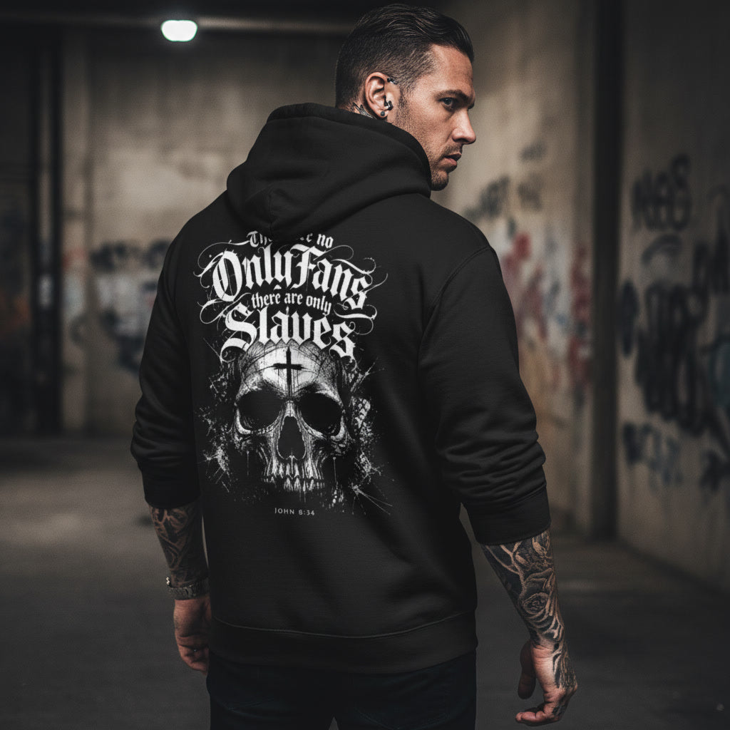 Slave to Sin hoodie in black with a white back print, alt Christian apparel