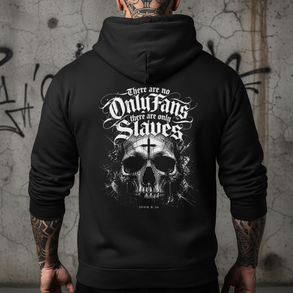 Black hoodie with the Slave to Sin design in white across the back