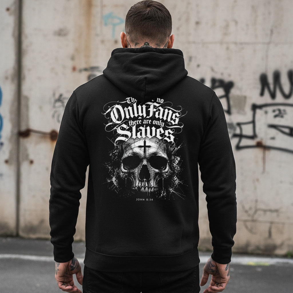 Black hoodie showing the Slave to Sin print in white blackletter