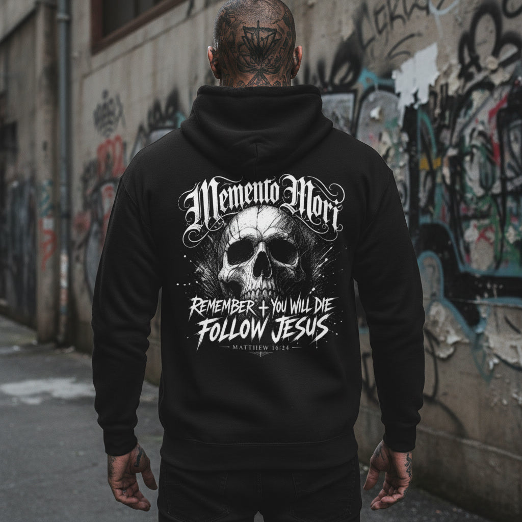 Black hoodie with the Memento Mori design in white across the back