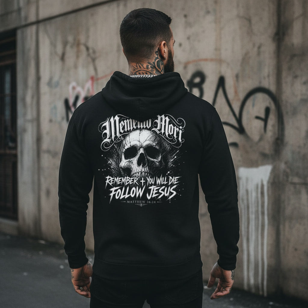 Memento Mori black hoodie from Pure Grit Faith, Christian metal style