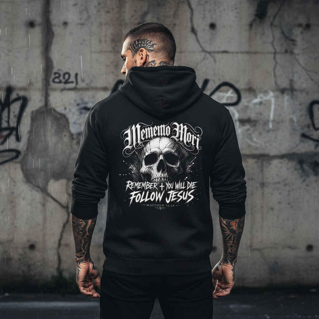 Black hoodie showing the Memento Mori print in white blackletter