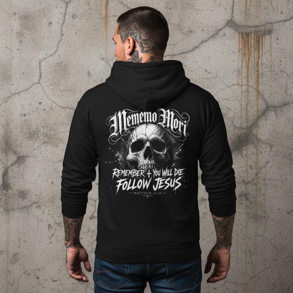 Memento Mori hoodie, alt Christian streetwear in black