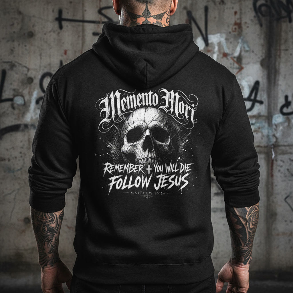 Memento Mori hoodie in black with a white back print, alt Christian apparel