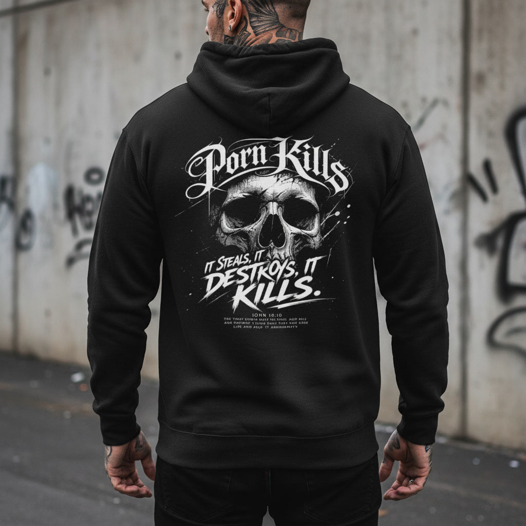Porn Kills hoodie in black with a white back print, alt Christian apparel