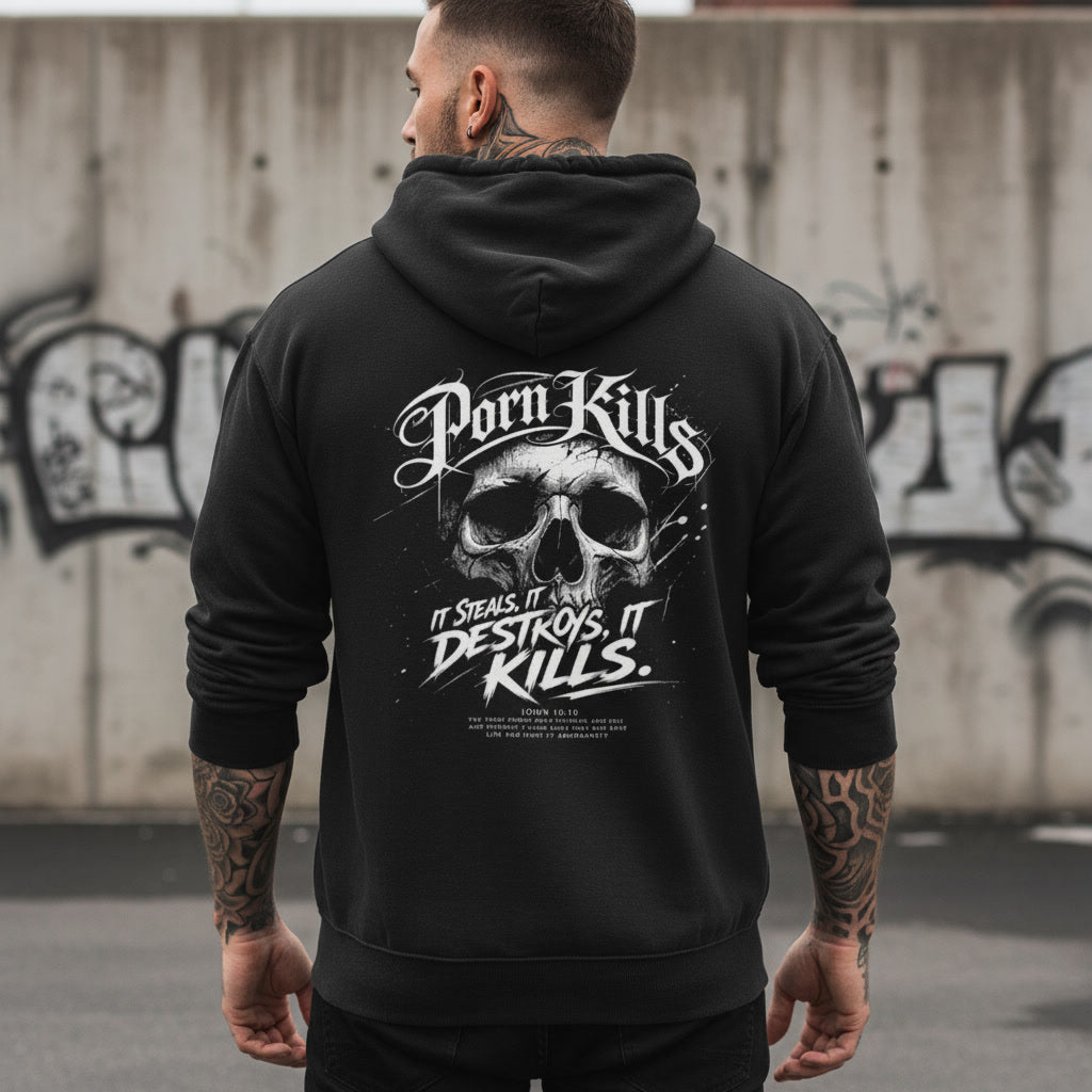 Black hoodie with the Porn Kills design in white across the back