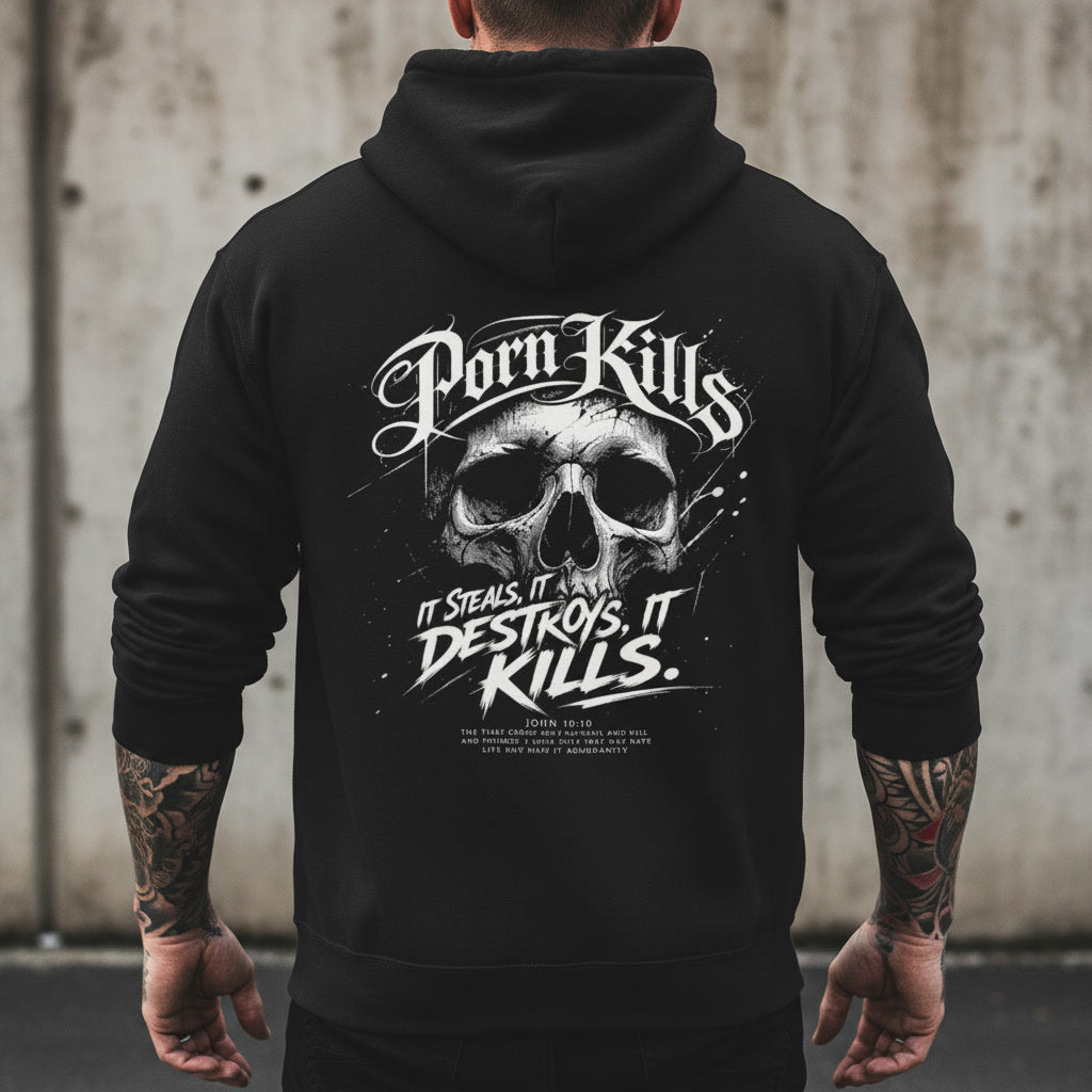 Porn Kills black hoodie from Pure Grit Faith, Christian metal style
