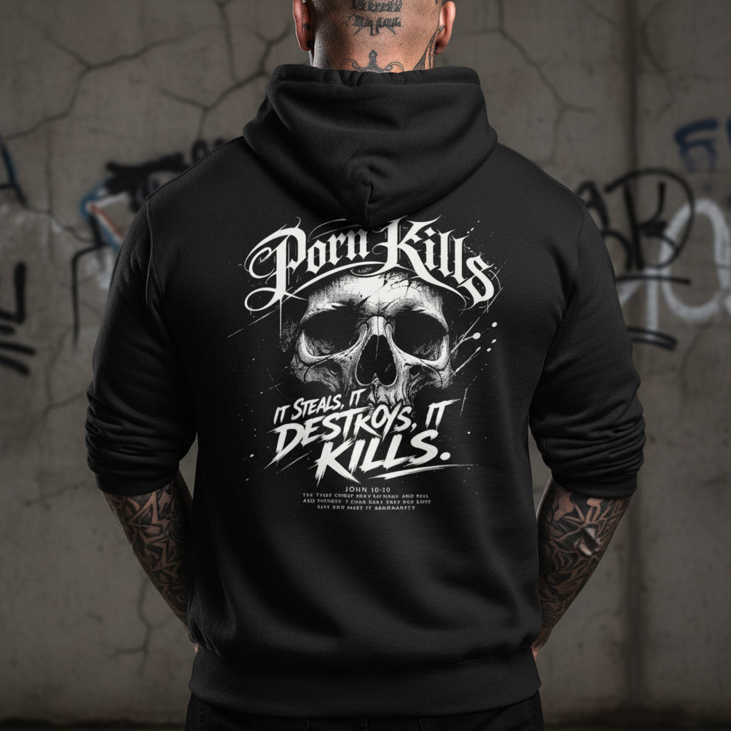 Black hoodie showing the Porn Kills print in white blackletter