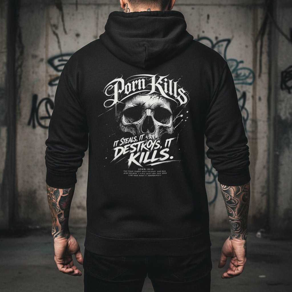 Porn Kills hoodie, alt Christian streetwear in black
